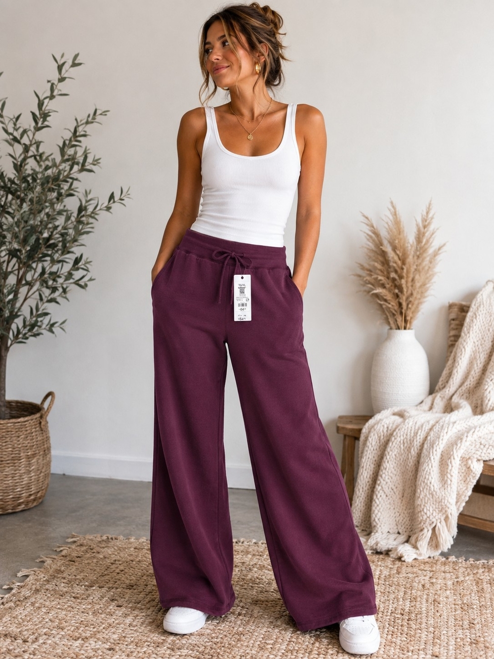 Garage Wide Leg Sweatpants XL Burgundy Plum Drawstring Lounge Pants NWT